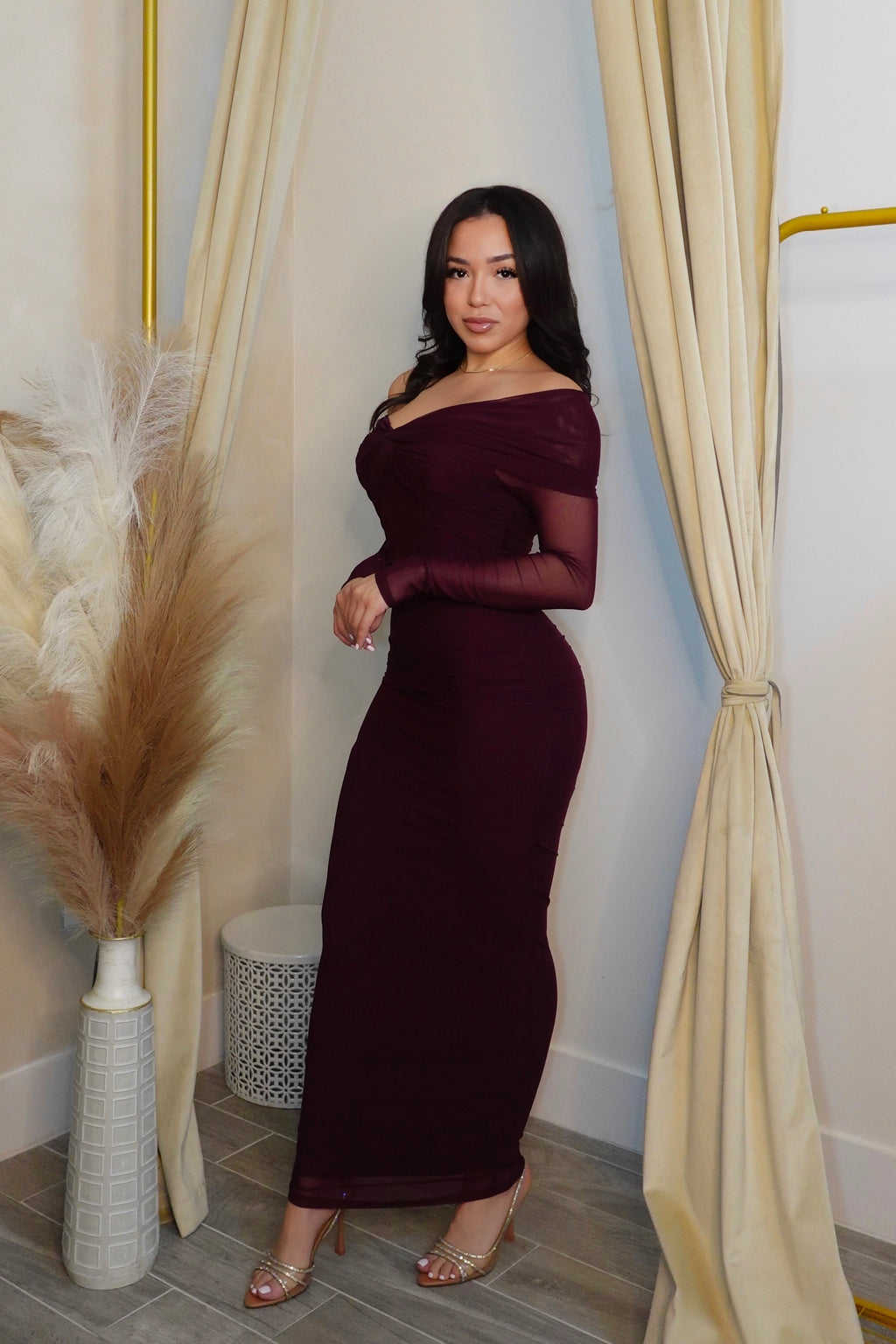 PLUM MESH LONG SLEEVE MAXI