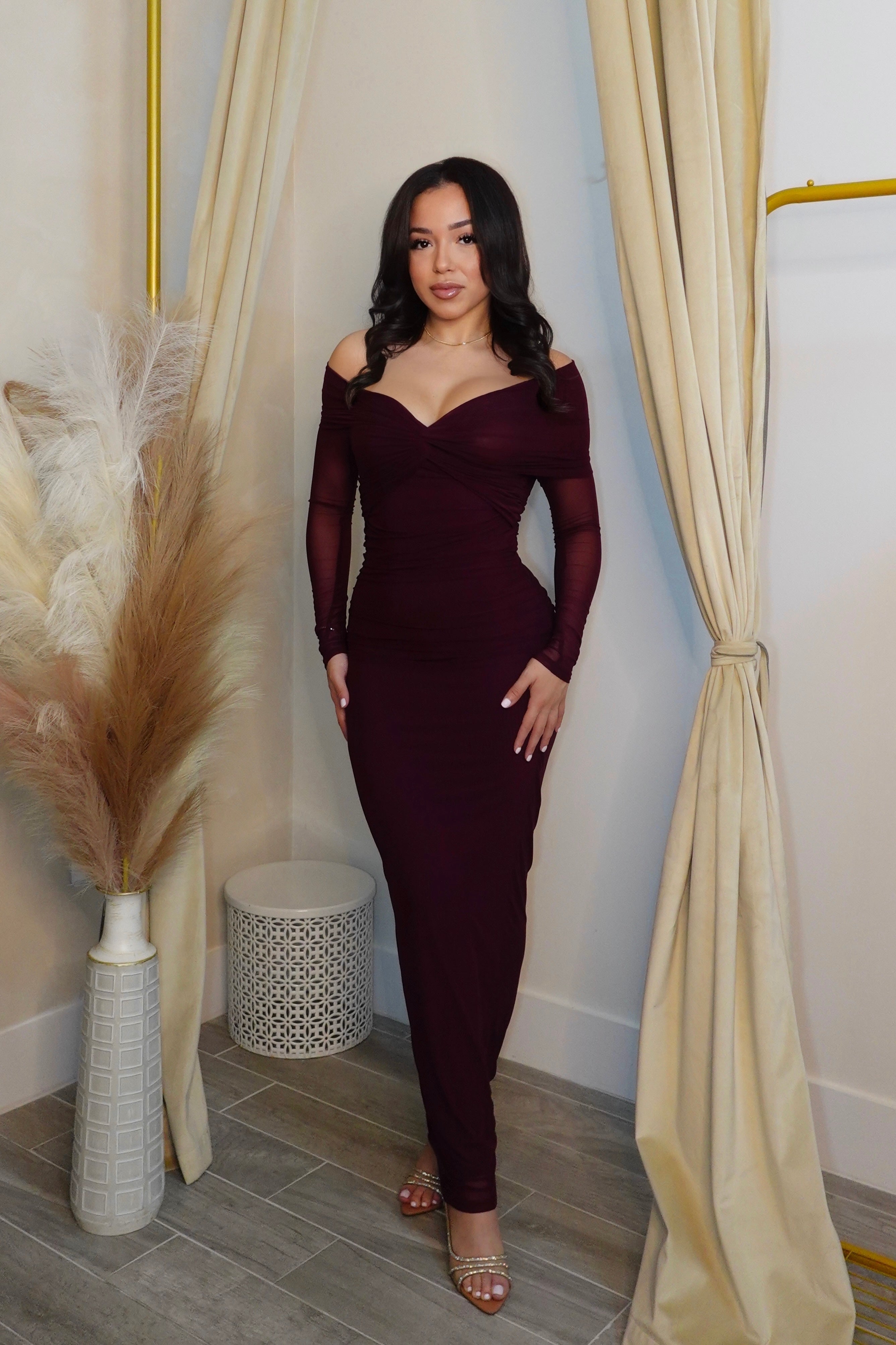 PLUM MESH LONG SLEEVE MAXI