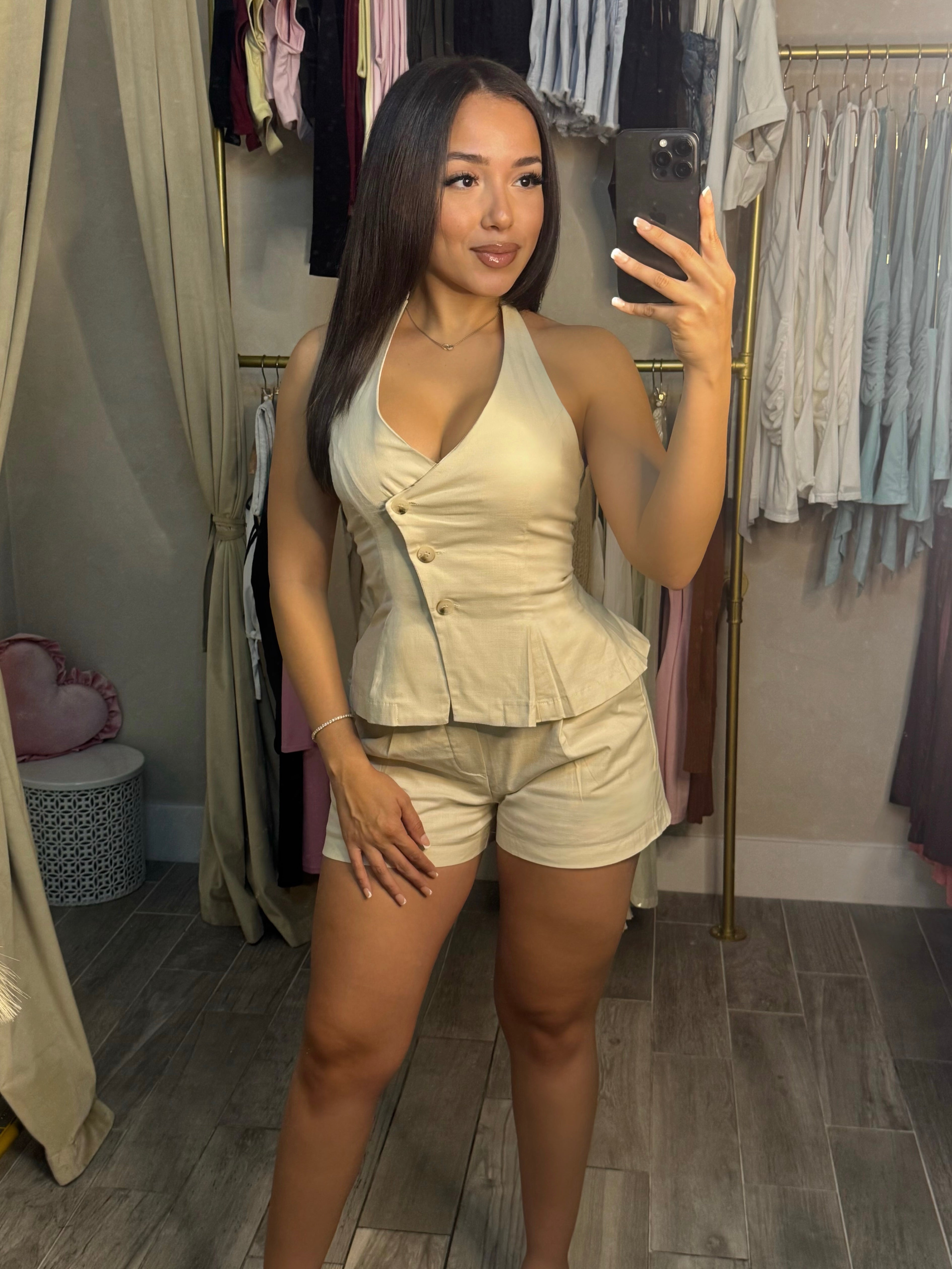 IVORY TOAST LINEN SHORT SET | KHAKI