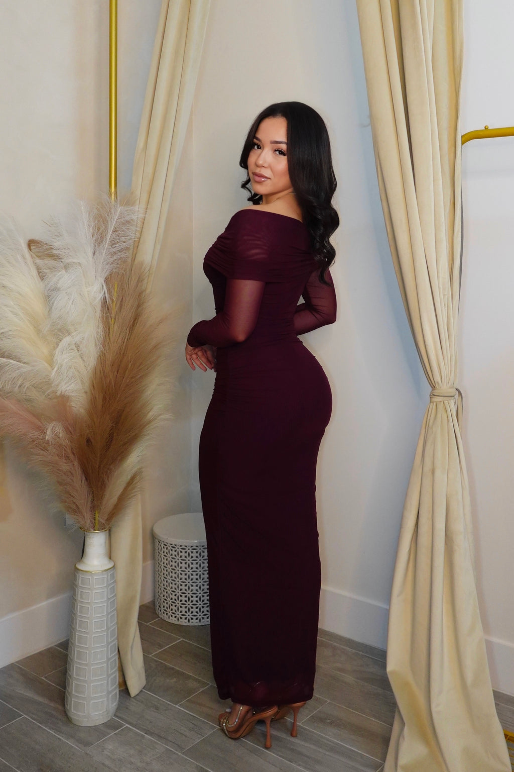 PLUM MESH LONG SLEEVE MAXI