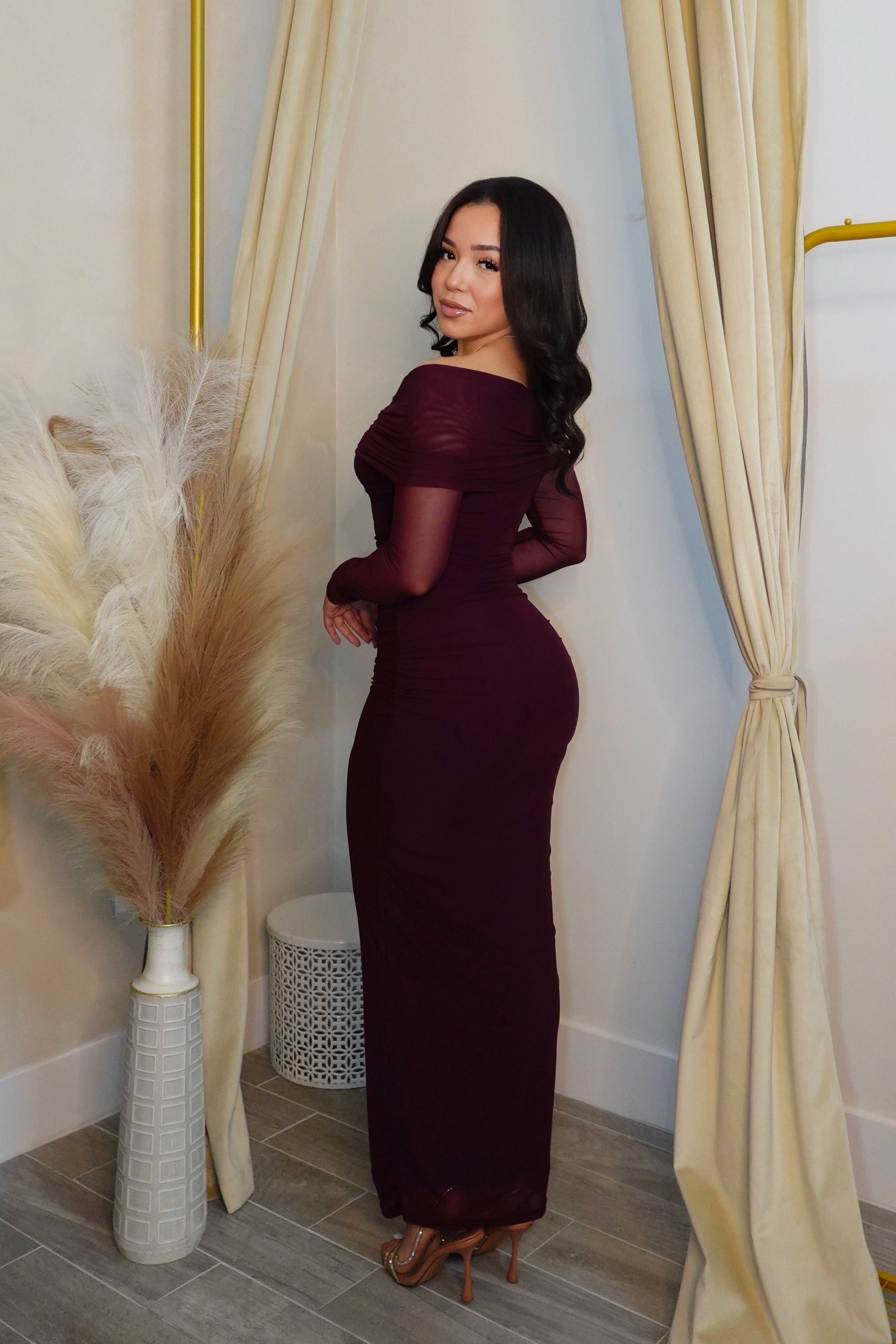 PLUM MESH LONG SLEEVE MAXI