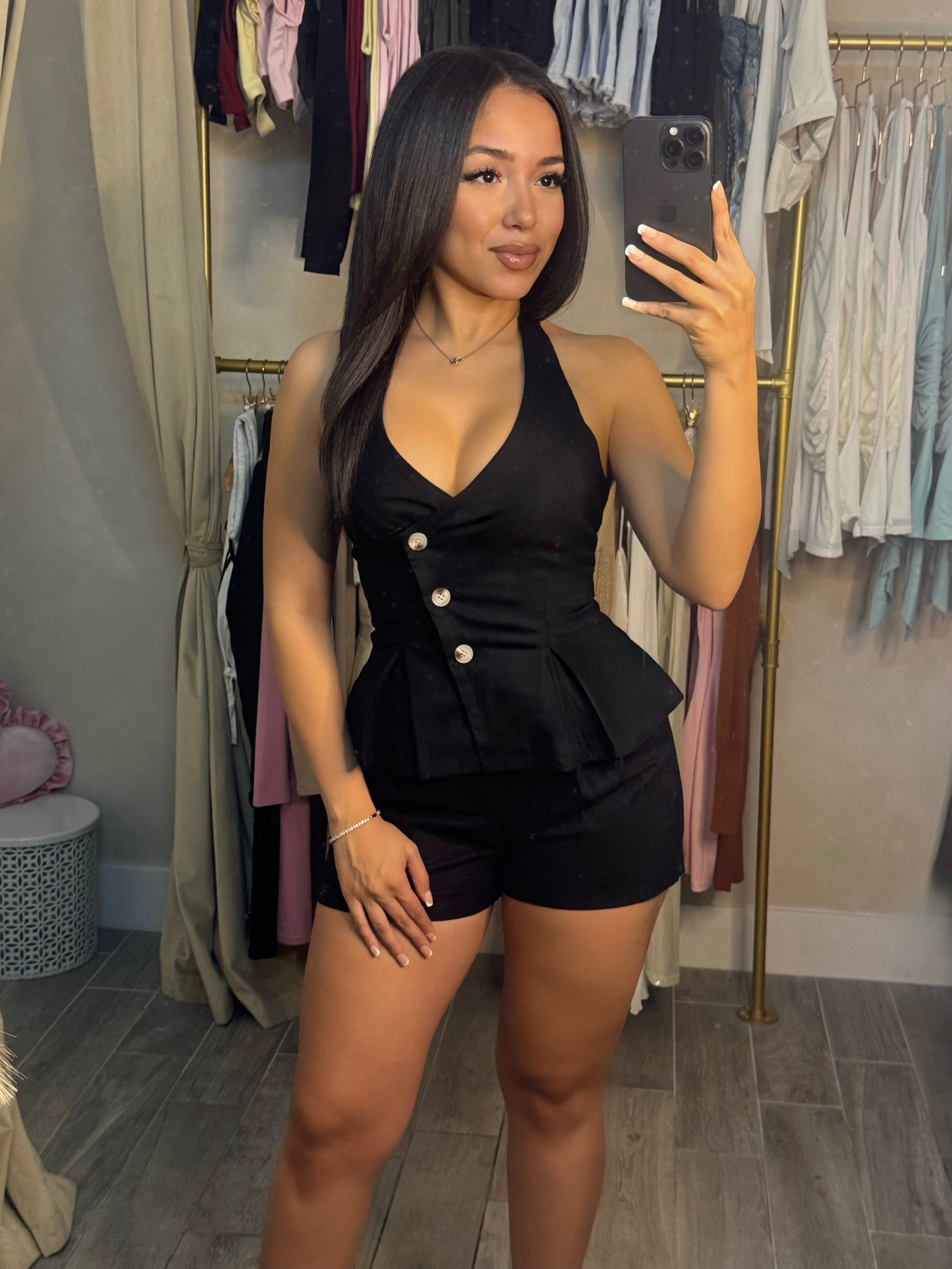 IVORY TOAST LINEN SHORT SET | BLACK